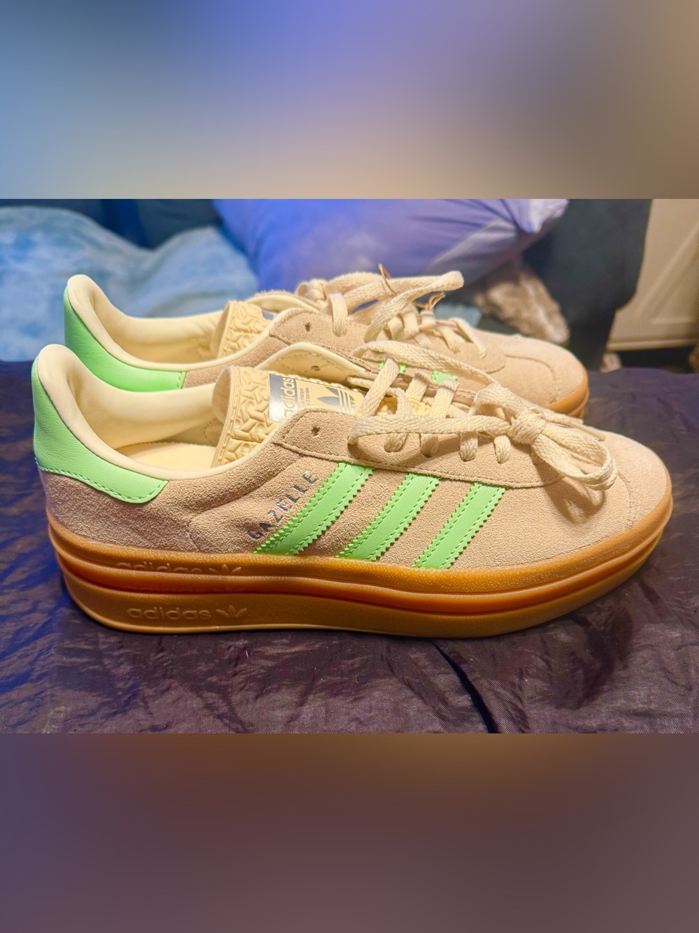 adidas Kids Gazelle Sneakers - Cream with Neon Green Stripes